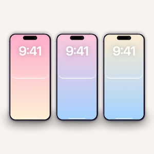 May include: Three smartphones with black borders and gradient backgrounds in pink, purple, and blue. Each screen displays the time 9:41 in white text. The phones have a notch at the top.