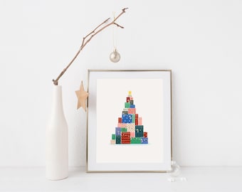 Whimsical Christmas gift tree illustration | printable 8x10 11x14 art