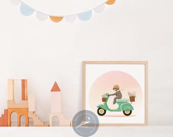 Sloth on scooter illustration | kids wall art