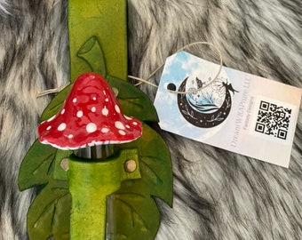 Mushroom Potion Holder- Leather Leaf holder with  Mushroom Glass Vial