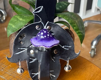 Mushroom Topped Glass Vial in Leather Leaf Holder with Bells