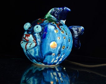Raku ceramic fish-shaped lamp - atmosphere abat-jour - table lamp - Raku pottery - Nevenka Martinello L40