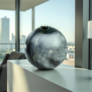 May include: A decorative, spherical vase with a dark, marbled appearance. The vase has a gold-colored crack running down its side. The top opening is dark green. The vase is displayed on a white surface with a city skyline in the background.