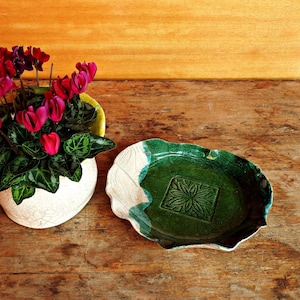 Raku pottery handmade flowerpot dish green and white ceramic planter dish ceramic saucer ceramics and pottery image 1