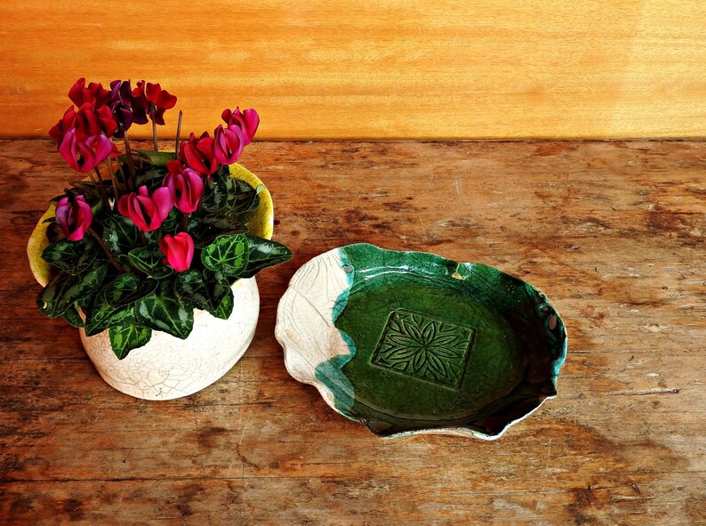 Raku pottery handmade flowerpot dish green and white ceramic planter dish ceramic saucer ceramics and pottery image 1