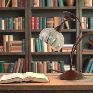 May include: A vintage-style desk lamp with a cracked, off-white lampshade and a dark brown, curved metal frame. An open book sits on a wooden desk, illuminated by the lamp. The background features a library with numerous books.