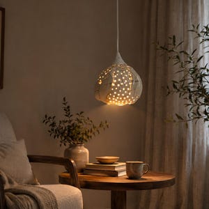 May include: A white ceramic pendant light fixture with a textured, organic shape and numerous small, circular cutouts that allow warm light to shine through. The lamp hangs from a simple white cord, casting a soft glow on the surrounding area.