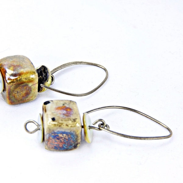 Elegant earrings with cubic pearl in raku ceramic and sterling silver - Handcrafted Earrings - Jewelry Raku Jewelry made in italy  bijoux