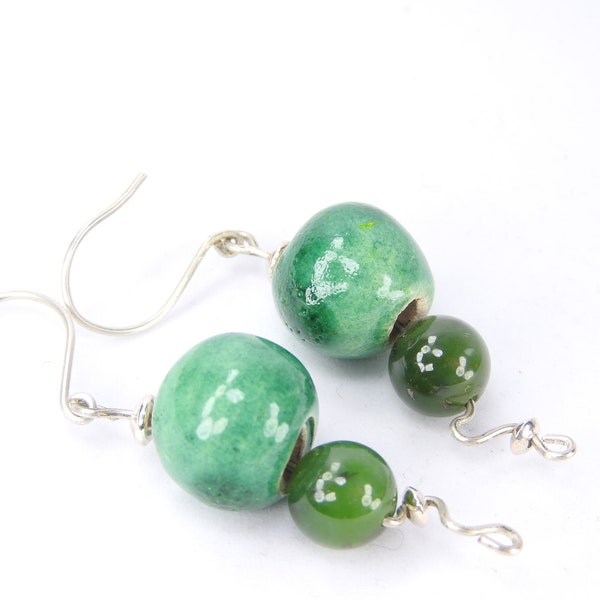 Unique, original and creative green earrings in raku ceramic and sterling silver - Handcrafted Earrings - Raku Jewelry made in italy bijoux