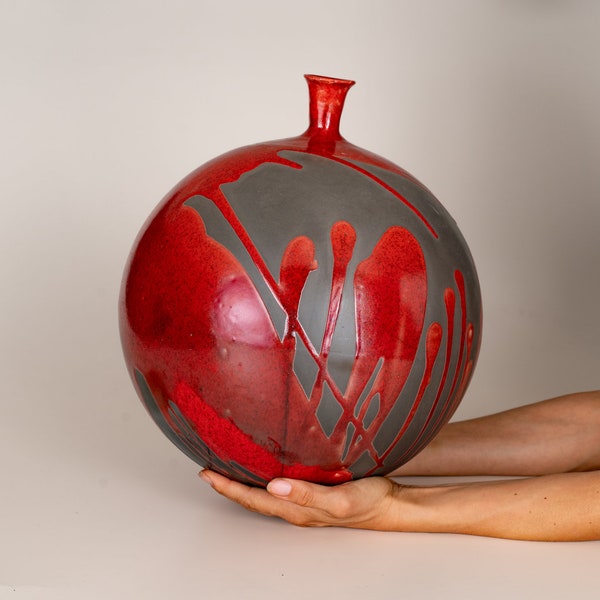 Spherical Raku Ceramic Vase Red and Grey "Fiery sphere", Handcrafted in My Atelier in Venice, High Craftsmanship for Sophisticated Homes