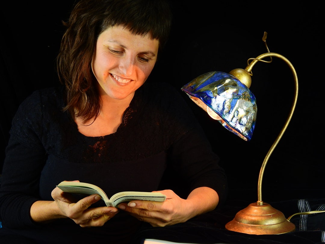 Bedside Table Lamp Blue and Silver in Ceramic With Gold Inserts Table