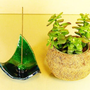 Green and blue handmade incense holder - handmade incense holder - handcrafted raku ceramic incense holder - I10
