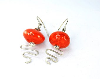 Red Creative madeinitaly earrings in Raku Ceramic with Sterling Silver - Handcrafted Earrings - Jewelry - Raku Jewelry