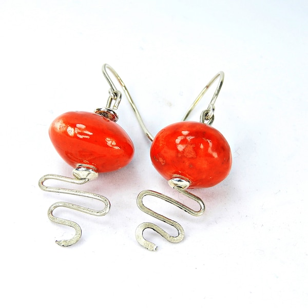 Red Creative madeinitaly earrings in Raku Ceramic with Sterling Silver - Handcrafted Earrings - Jewelry - Raku Jewelry