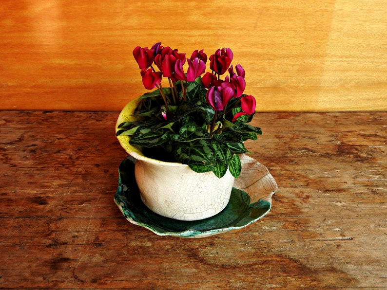 Raku pottery handmade flowerpot dish green and white ceramic planter dish ceramic saucer ceramics and pottery image 7