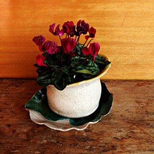 Raku pottery handmade flowerpot dish green and white ceramic planter dish ceramic saucer ceramics and pottery image 8