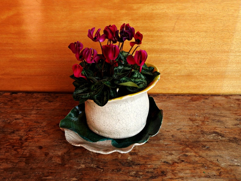 Raku pottery handmade flowerpot dish green and white ceramic planter dish ceramic saucer ceramics and pottery image 8