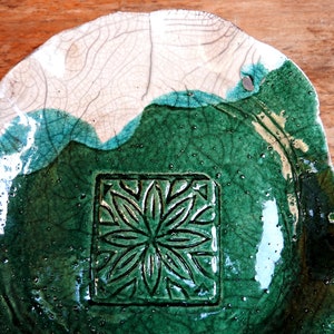 Raku pottery handmade flowerpot dish green and white ceramic planter dish ceramic saucer ceramics and pottery image 5