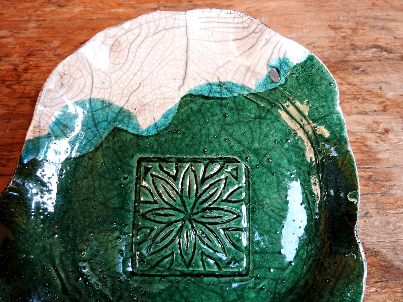 Raku pottery handmade flowerpot dish green and white ceramic planter dish ceramic saucer ceramics and pottery image 5