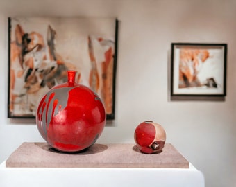 Large, elegant red spherical Raku ceramic vase, handcrafted with love in my Atelier in Padua, Italian artistic craftsmanship