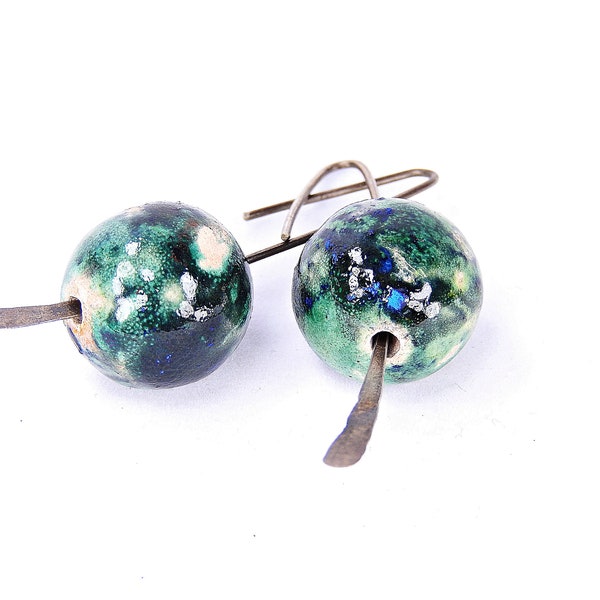 Green spheric Raku Ceramic and Sterling Silver Earrings - Handcrafted Earrings - Original Jewelry - Gift for Her - Raku Jewelry