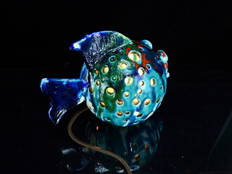Raku ceramic fish-shaped lamp atmosphere abat-jour table lamp Raku pottery Nevenka Martinello L40 image 5