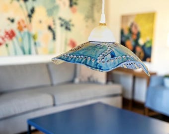 Turquoise Raku Ceramic Ceiling Lamp - Handmade Pendant Light - Turquoise Raku Ceramic Pendant Lighting L39