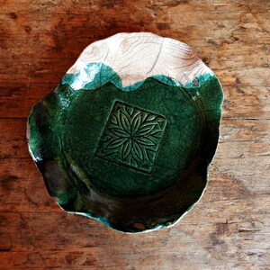 Raku pottery handmade flowerpot dish green and white ceramic planter dish ceramic saucer ceramics and pottery image 4