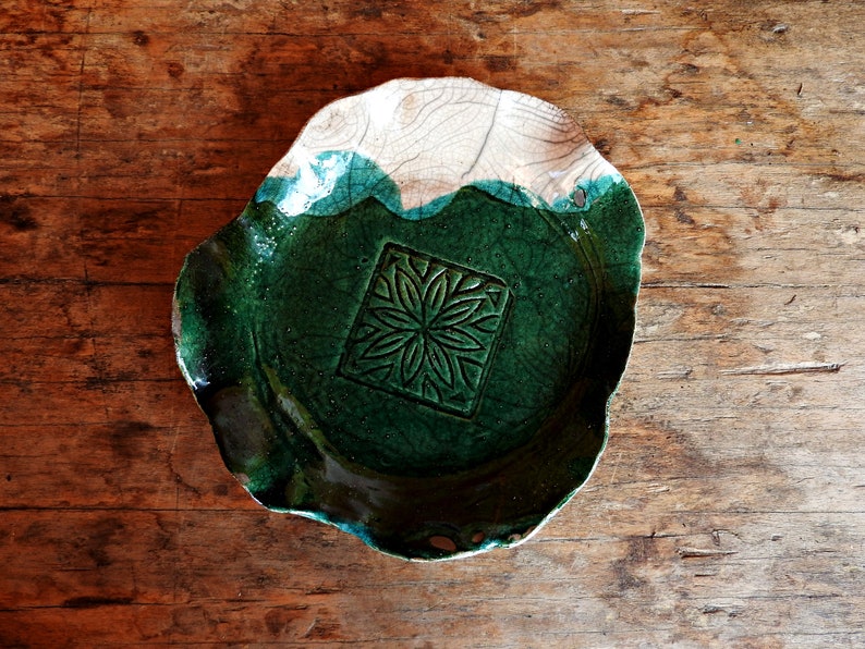 Raku pottery handmade flowerpot dish green and white ceramic planter dish ceramic saucer ceramics and pottery image 4