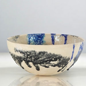Può includere: Una ciotola in ceramica bianca con smalto blu e nero. Lo smalto ha un effetto gocciolante, creando un design unico e astratto.