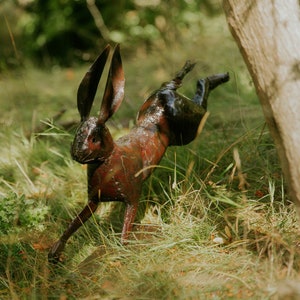 Metal Running Hare Garden Ornament Sculpture Art Handmade Recycled Metal Rabbit