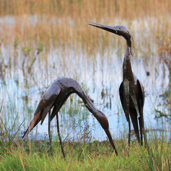 Metal Heron Garden Ornament Sculpture Art - Handmade Recycled Metal Bird