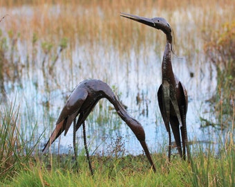 Metal Heron Garden Ornament Sculpture Art - Handmade Recycled Metal Bird