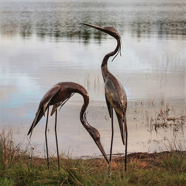 Metal Heron Garden Ornament Sculpture Art - Handmade Recycled Metal Bird