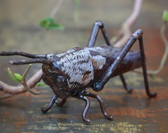 Metal Grasshopper Garden Ornament Sculpture Art - Handmade Recycled Metal Insect