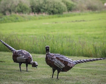 Metal Pheasant Garden Ornament Sculpture Art - Handmade Recycled Metal Bird