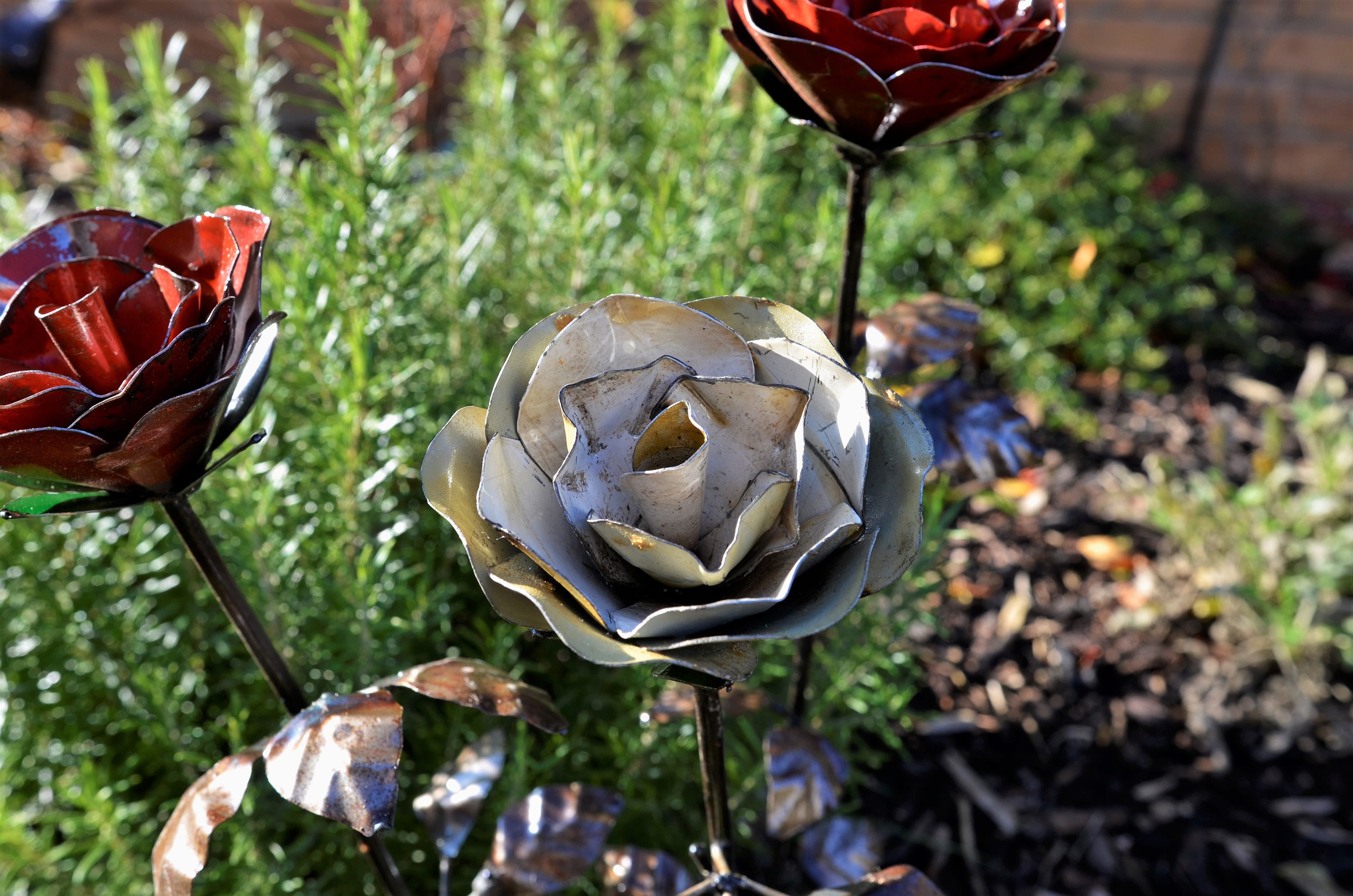 Metal Rose Garden Ornament Sculpture Art Handmade Recycled Etsy