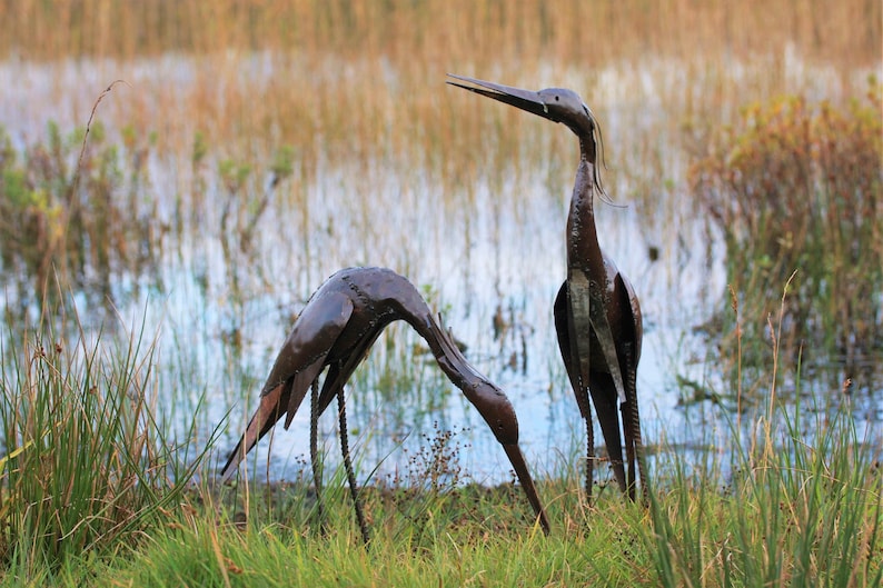 Metal Heron Garden Ornament Sculpture Art - Handmade Recycled Metal Bird 