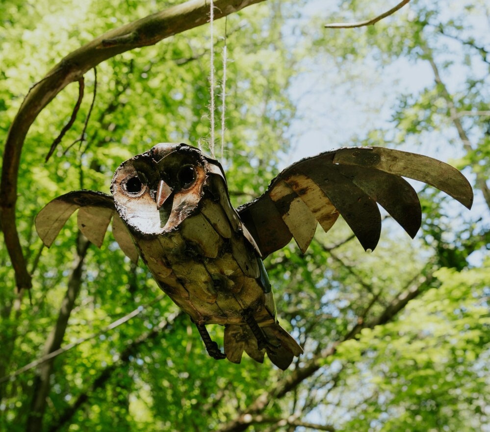 Metal Flying Barn Owl Garden Ornament Sculpture Art - Handmade
