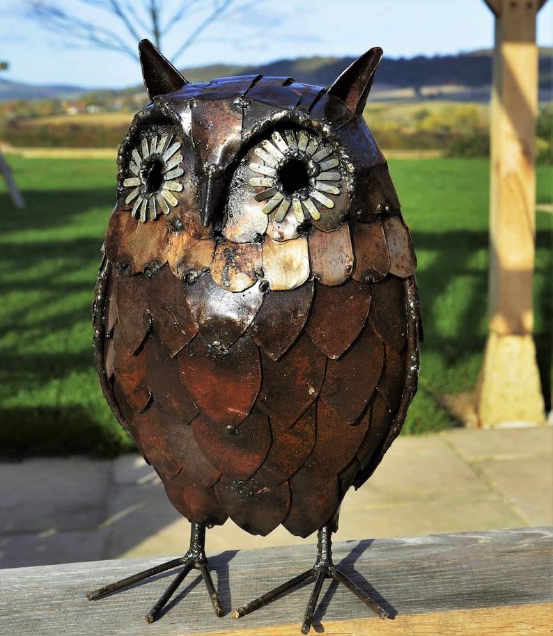 Metal Owl Garden Ornament Sculpture Art - Handmade Recycled Metal Bird 