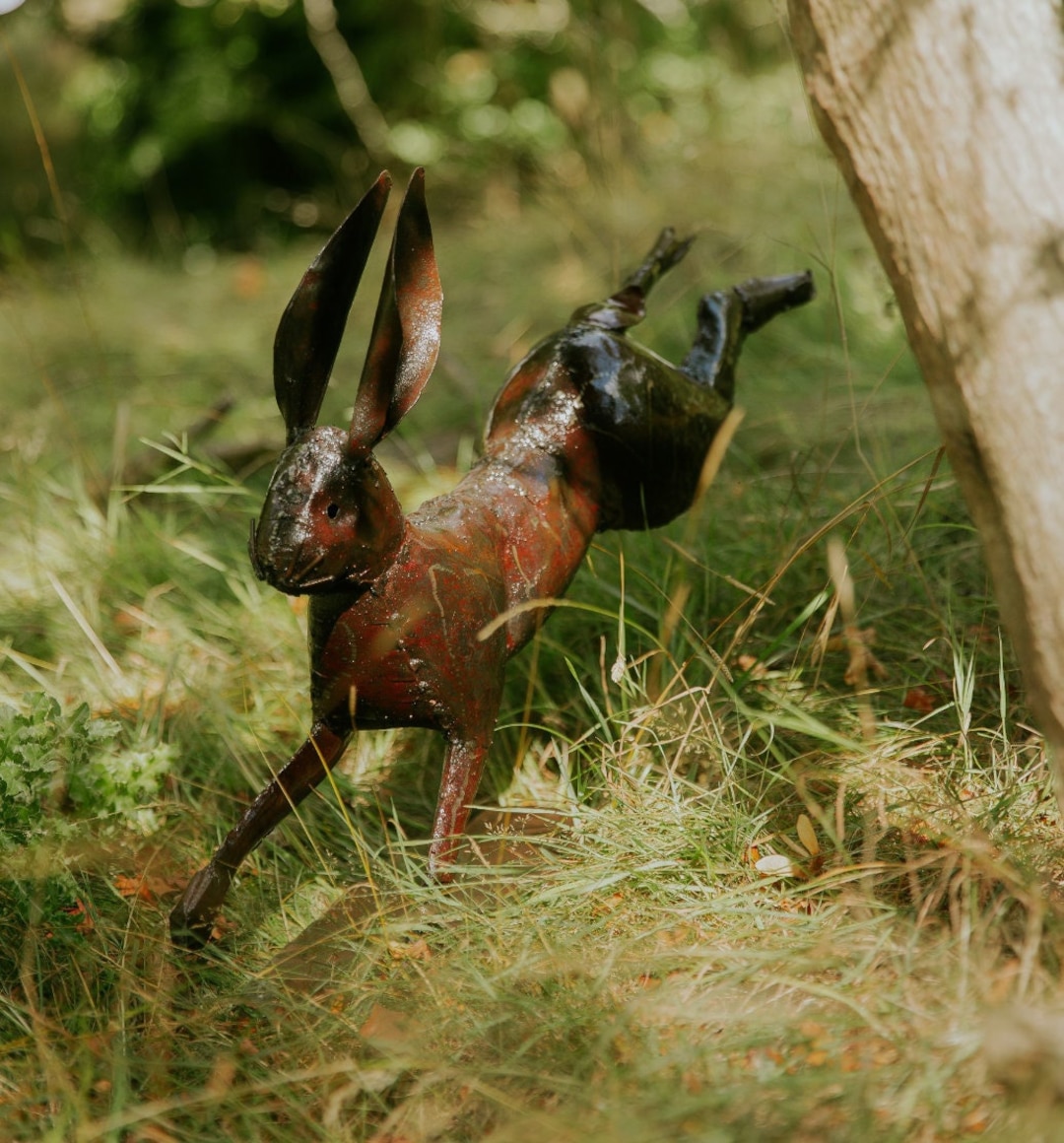 Metal Running Hare Garden Ornament Sculpture Art Handmade Recycled ...
