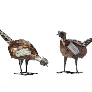 Metal Pheasant Garden Ornament Sculpture Art Handmade Recycled Metal Bird Pair - One Of Each