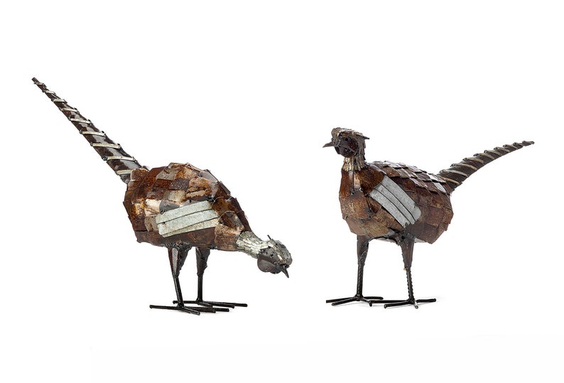 Metal Pheasant Garden Ornament Sculpture Art Handmade Recycled Metal Bird Pair - One Of Each
