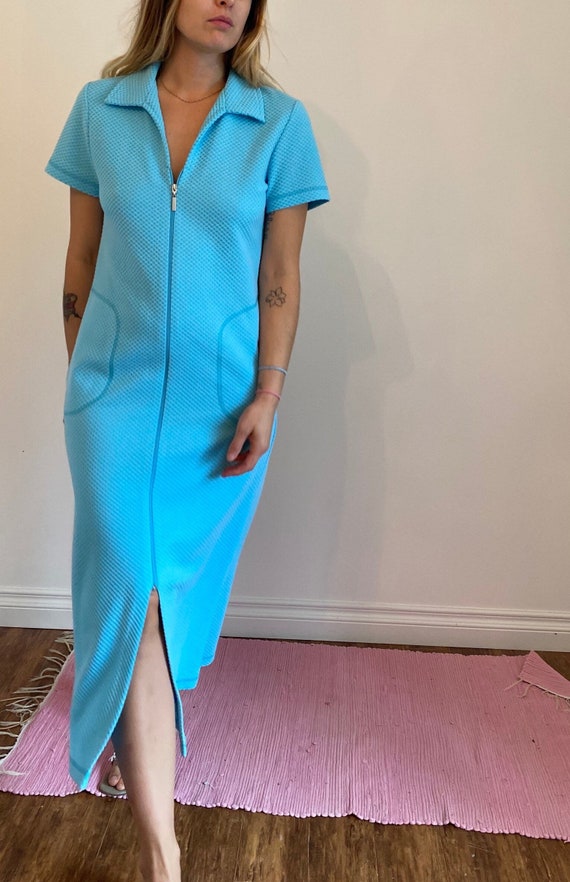 Turquoise Zip Up Short Sleeve Robe Duster