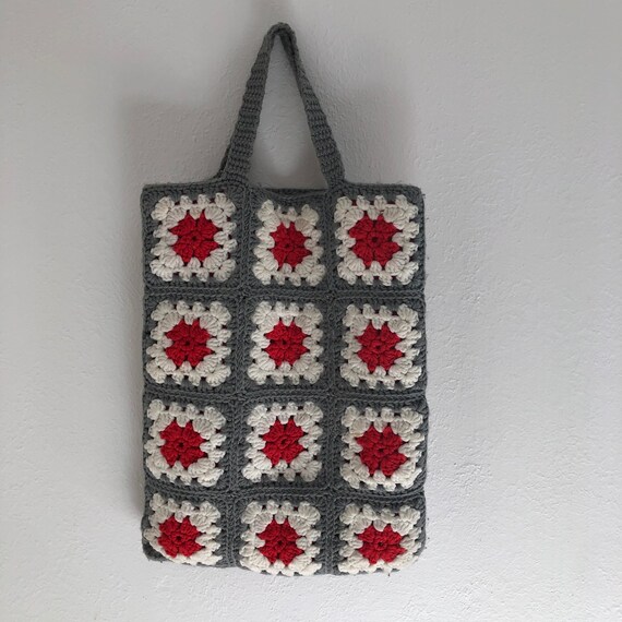 Red & Grey Granny Square Tote Bag