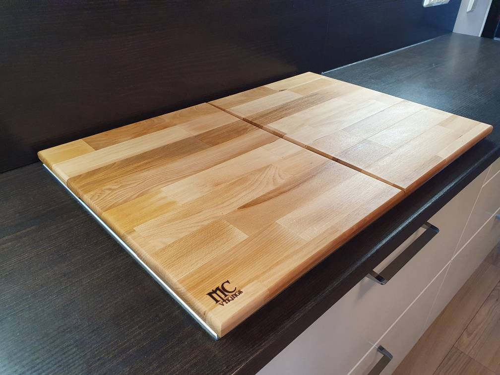 2-piece stove cover - beech, thickness: 27 mm, ceramic hob cover, cutting board, hob cover