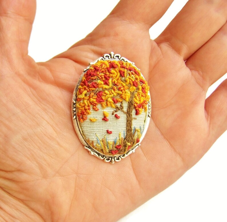 Autumn brooch Embroidered brooch for women Brooch tree of image 1