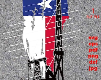 May include: Digital download graphic featuring the Texas flag with a distressed effect, an oil derrick, and the text "IT'S A DIGITAL DOWNLOAD NOT A PHYSICAL PRODUCT". Includes file type options: SVG, EPS, PDF, PNG, DXF, and JPG.