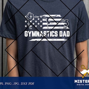 May include: A navy blue t-shirt with a white design of a gymnast silhouette in front of an American flag with the text "Gymnastics Dad".