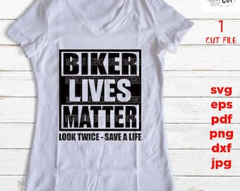 Puede incluir: Una camiseta blanca con un gráfico negro que dice "Biker Lives Matter" y "Look Twice - Save A Life".